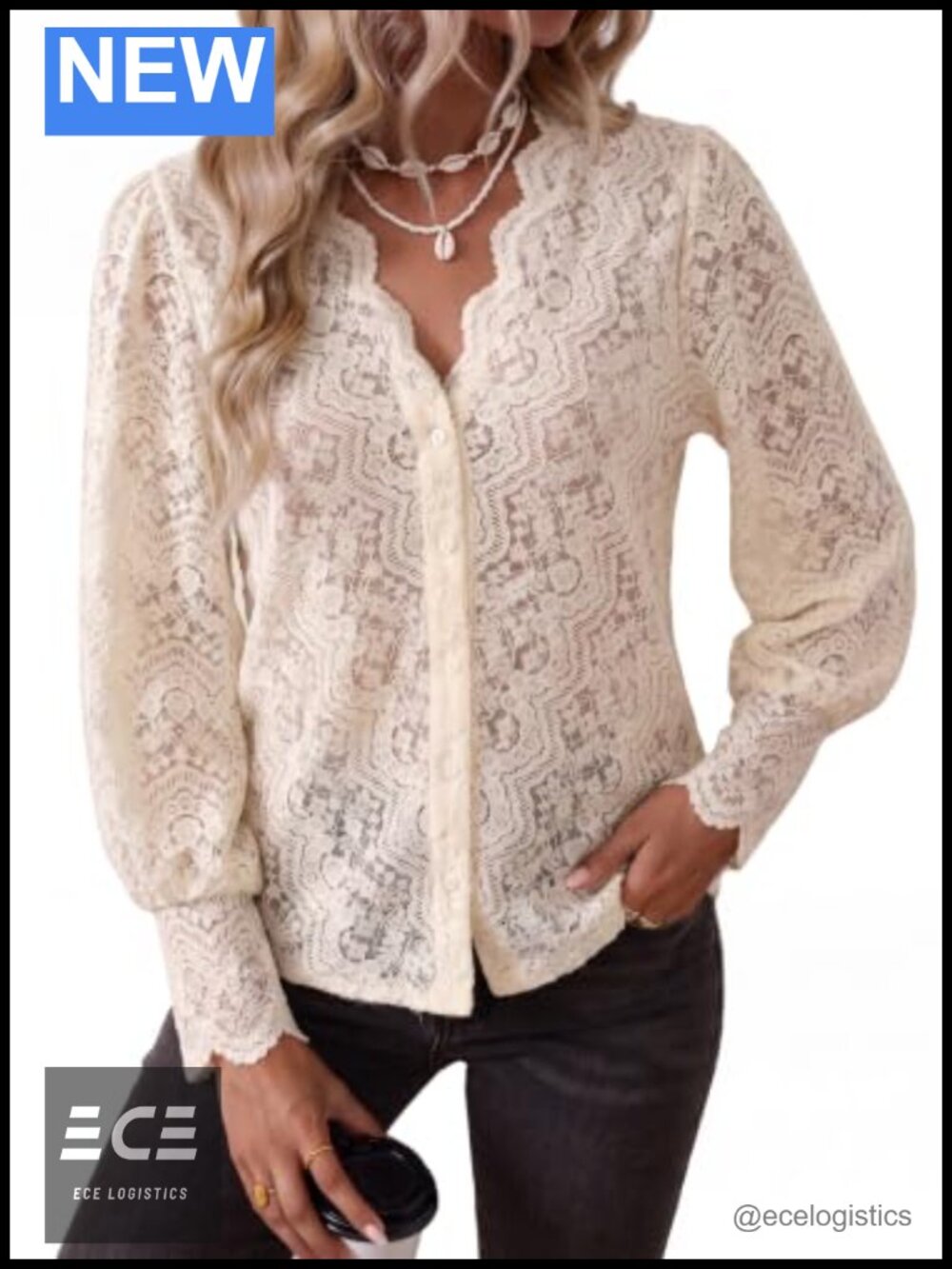 Lace Button Down Blouse Long Sleeve V-Neck Dressy Casual Top